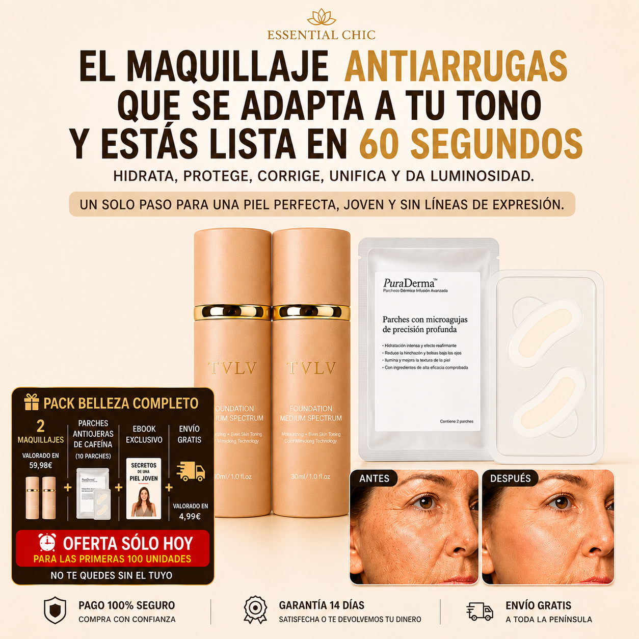 Pack TVLV Belleza Completo: 2 Maquillajes Antiedad TVLV que se Adaptan a tu Tono y Parches Antiojeras de Cafeína de Regalo